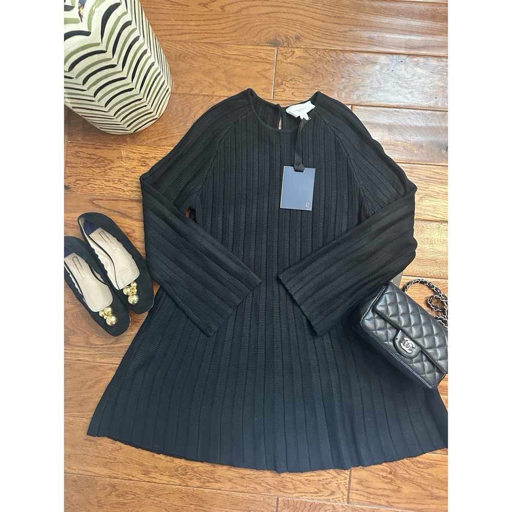 NWT Pomander Place Black Ribbed Knit Adi Dress Womens Large L Bell Sleeve A Line